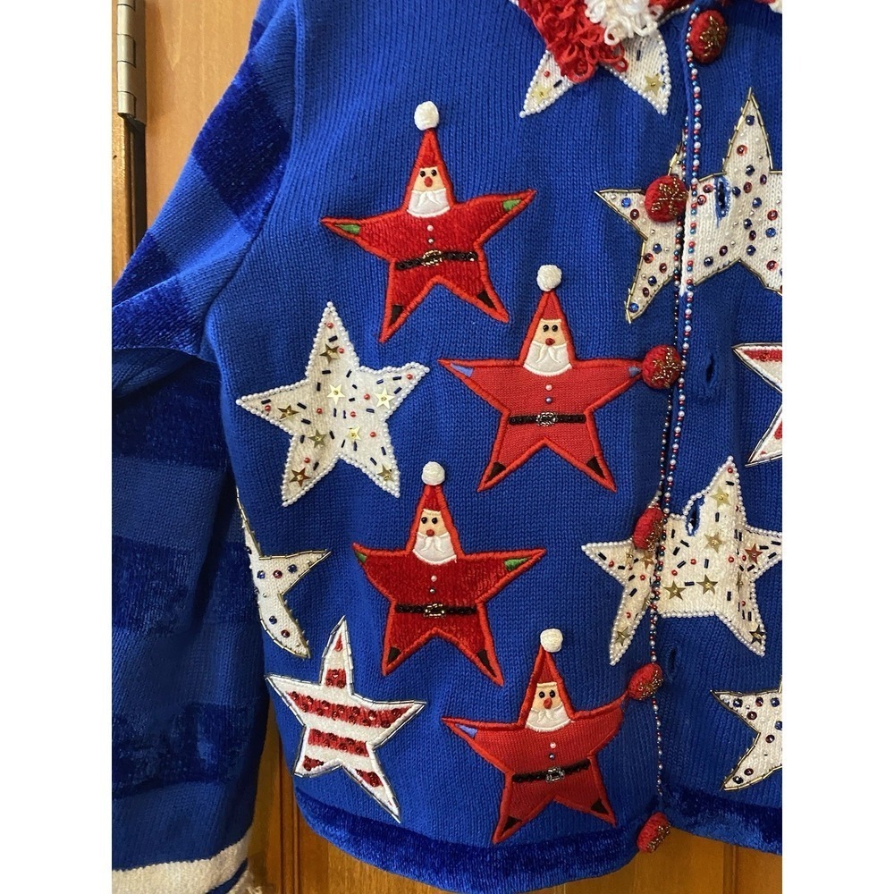 VTG Jack B Quick Sweater Christmas Santa Holiday Beaded Cardigan XL Patriotic - Picture 2 of 11